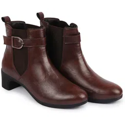 Flared Heel High Ankle Classic Winter Buckle Strap Chelsea Boots For Women