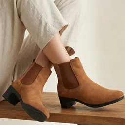Flared Heel High Ankle Suede Leather Classic Winter Chelsea Boots For Women