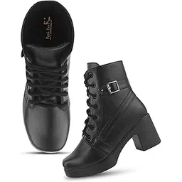FROH FEET Trendy Ankle Boots with Lace-Up, and Buckle Design, Chunky Heel for Women & Girls