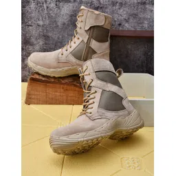 Genuine Leather Side Zip Army & Tactical Shoes, Boots For Men (Beige Boots For Men