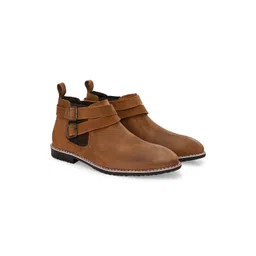 glitchez Men Leather Round Toe Dual Buckle Chelsea Boots