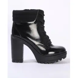 Glossy Lace-Up Boots with Chunky Heels
