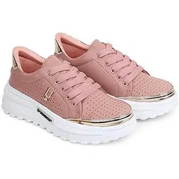 Gold Synthetic Casual Shoes for Women White Sneakers for Girls Chunky Stylish Comfirtable Ladies Sports Shoes for Gym Walking Jogging Tracking