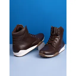 HERE&NOW Men Brown & White Mid Top Comfort Insole Lightweight Contrast Sole Sneakers