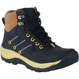 Hiking Boots, Black and Tan, Lace-Up High Ankle, Metal Eyelets, Rugged Outdoor Footwear