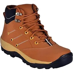 Hiking Boots, Black and Tan, Lace-Up High Ankle, Metal Eyelets, Rugged Outdoor Footwear