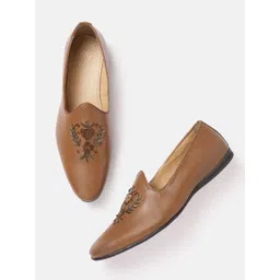 House of Pataudi Men Brown & Gold-Toned Embellished Handcrafted Slip-Ons