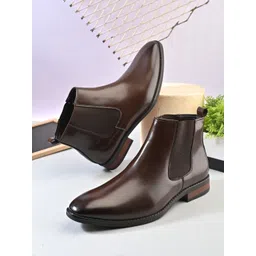 House of Pataudi Men Textured Round-Toe Handcrafted High-Top Chelsea Boots