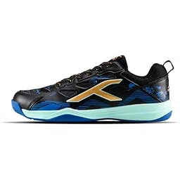 Hundred Blade Armor Badminton Shoes (Non Marking) |Indoor Sports | Lightweight & Breathable | Airflow Mesh Upper | X-Cushion Midsole | Active Grip Outsole | Heel Support (Black/Gold/Blue; 8 UK)