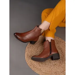 Hydes N Hues Women Block Heeled Mid-Top Leather Regular Boots