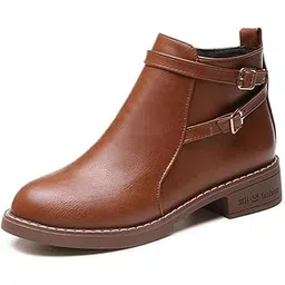 Imported Quality Women’s 2025 British Style Brown Round Toe High Top Boots | Fashion Belt Buckle Leather Slip-On Boots | Height Increasing, Hard-Wearing PU & Rubber Sole