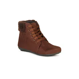 Ishransh Women Faux Fur Trim Mid-Top Flatform Boots