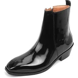 Italian Cut Black Patent Leather Chelsea Boots for Men | High Ankle Cuban Heel Square Toe Zip Closure Cushioned Insole Boot