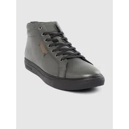 Jack & Jones Men Charcoal Grey Solid Leather Mid-Top Sneakers