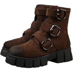 Jeets Dirty Deeds Brown Suede Ankle Boots for Women | Triple Buckle Strap Boots with Chunky Grip Sole | Stylish, Comfortable & Durable Casual Footwear