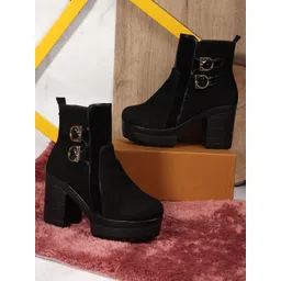 Kliev Paris Women Platform Block Heel Ankle Boots with Double Buckle Straps