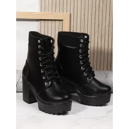 Kliev Paris Women Round Toe Lace Up Block Heeled Chunky Boots