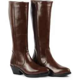 Knee Length Side Zipper Closure Pointed Toe Flared Heel Boots For Women