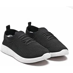 Knitted Athletic Sneakers, Breathable Mesh Upper, Black and Pink, White Sole