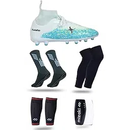 Kyosho Tornado Multi Purpose High Ankle Football Boot with Anti-Slip Football Sock, Leg Sleev, Shingurd and Shingurd Supporter Combo Pack for Men&Women, Transparent Studs and Durable