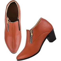 Latest and Stylish Block Heel Fashionable Ankle Boots with Zip Look for Womens and Girls Tan