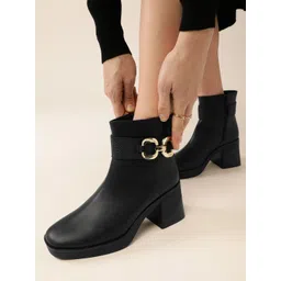 Lavie Women Square-Toe Mid-Top Block Heel Boots with Chain Detail