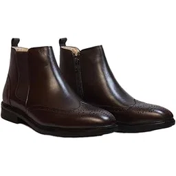 Leather Collection Mens Wingtip Chelsea Boots Brogue Leather Detailing, Ankle-High Slip-On Comfort