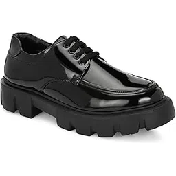 Leo Men’s Chunky Patent PU Casual Shoes Glossy Black Multi-Purpose Lace-Ups for Office, Party & Everyday Wear