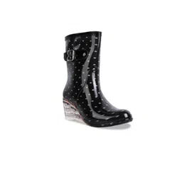 London Rag Women Polka Dots Printed Mid Top Wedges Rain Boots With Buckle Detail