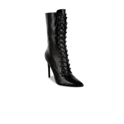 London Rag Women Textured Stiletto-Heeled Lace Up Calf Boots