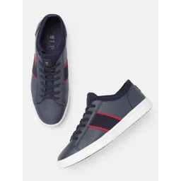 Louis Philippe Sport Men Navy Blue & Red Solid Sneakers with Striped Detail