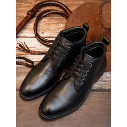 LOUIS STITCH Men Jet Black Egyptian Milled Leather Mid-Top Biker Boots