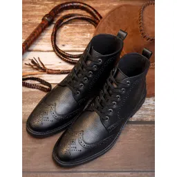 LOUIS STITCH Men Jet Black Egyptian Milled Leather Mid-Top Chukka Brogue Boots