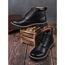 LOUIS STITCH Men Jet Black Mid-Top Lace Up Biker Boots