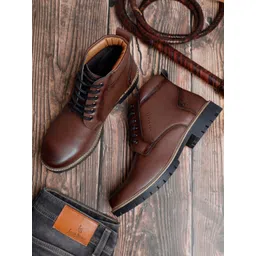 LOUIS STITCH Men Tan Mid-Top Lace Up Biker Boots