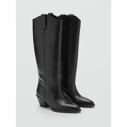 MANGO Women Lorrain Leather Block Heel High-Top Boots