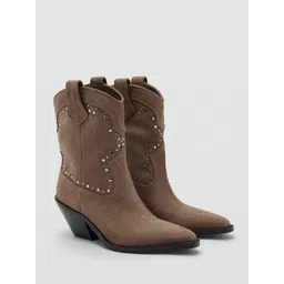 MANGO Women Studded Leather Heeled Cowboy Boots