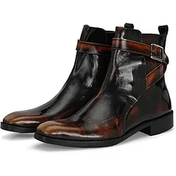 Men Black & Brown Burnished Leather Ankle Boots with Buckle Detail – Stylish Slip-On Dress Casual Boots for Office, Party & Everyday Wear