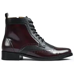 Men Black & Maroon Genuine Leather Brogue Lace-Up Ankle Boots