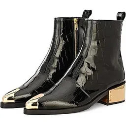 Men Black Glossy Textured Leather Metal-Toe Side-Zip Ankle Boots – Stylish Formal, Casual & Party Footwear for Office, Evening & Smart Casual Wear