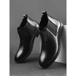 Men Black Solid Round Toe High Top Casual Slip On Blocked Heeled Chelsea Boots Boots For Men