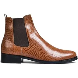 Men Khaki Genuine Leather Glossy Chelsea Boots