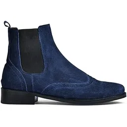 Men Navy Blue Suede Leather Brogue Chelsea Boots