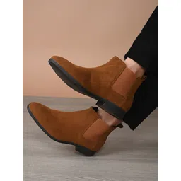Men TAN Solid Mid Top Flat Boots Boots For Men