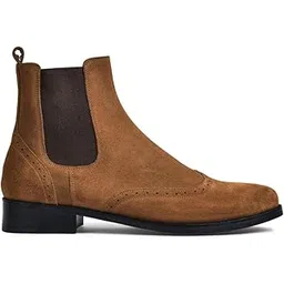 Men Tan Suede Leather Brogue Chelsea Boots