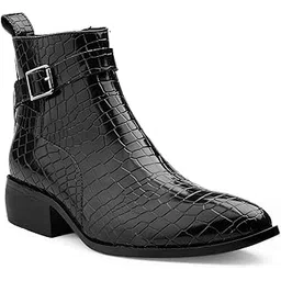 Men's 1.8 Inch/4.5 Cm Block Heel Height Inceasing Faux Leather Material, Casual Formal Buckle Ankle Boot and Dress Boot
