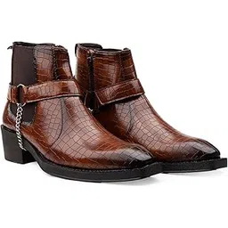 Men's 2 Inch Block Heel Height Increasing Faux Leather Casual Formal Slipon Chelsea Boot With Silver Chain Detail