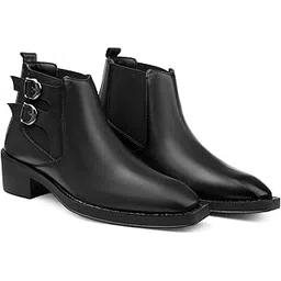 Men's 2 Inch Block Heel Height Increasing Faux Leather Material, Casual Formal Buckle Chelsea Boot and Outdoor Boot