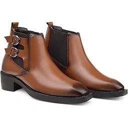 Men's 2 Inch Block Heel Height Increasing Faux Leather Material, Casual Formal Buckle Chelsea Boot and Outdoor Boot