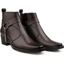 Men's 2 Inch Block Heel Height Increasing Faux Leather Material, Casual Formal Slipon Ankle Boot With Silver Chain Detail